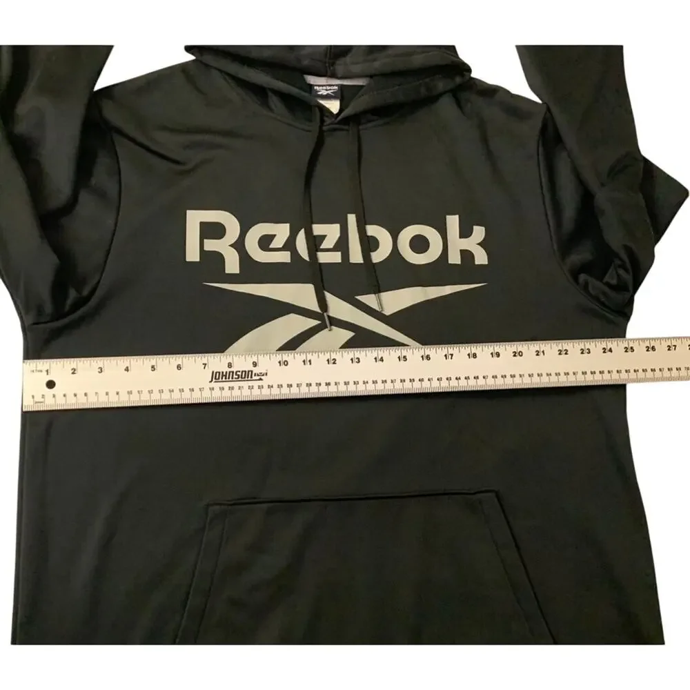 Reebok Mens Black Hooded Sweatshirt Size XXL Big Logo Spellout Gym Hoodie Lounge